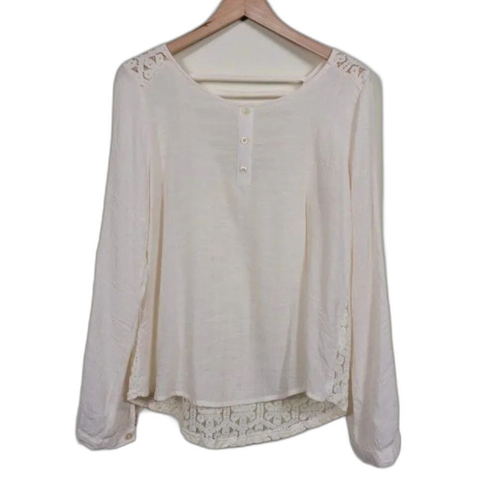 Mine Ivory Lace Long Sleeve Blouse Women Size M Sheer Boho Rayon Blend Top